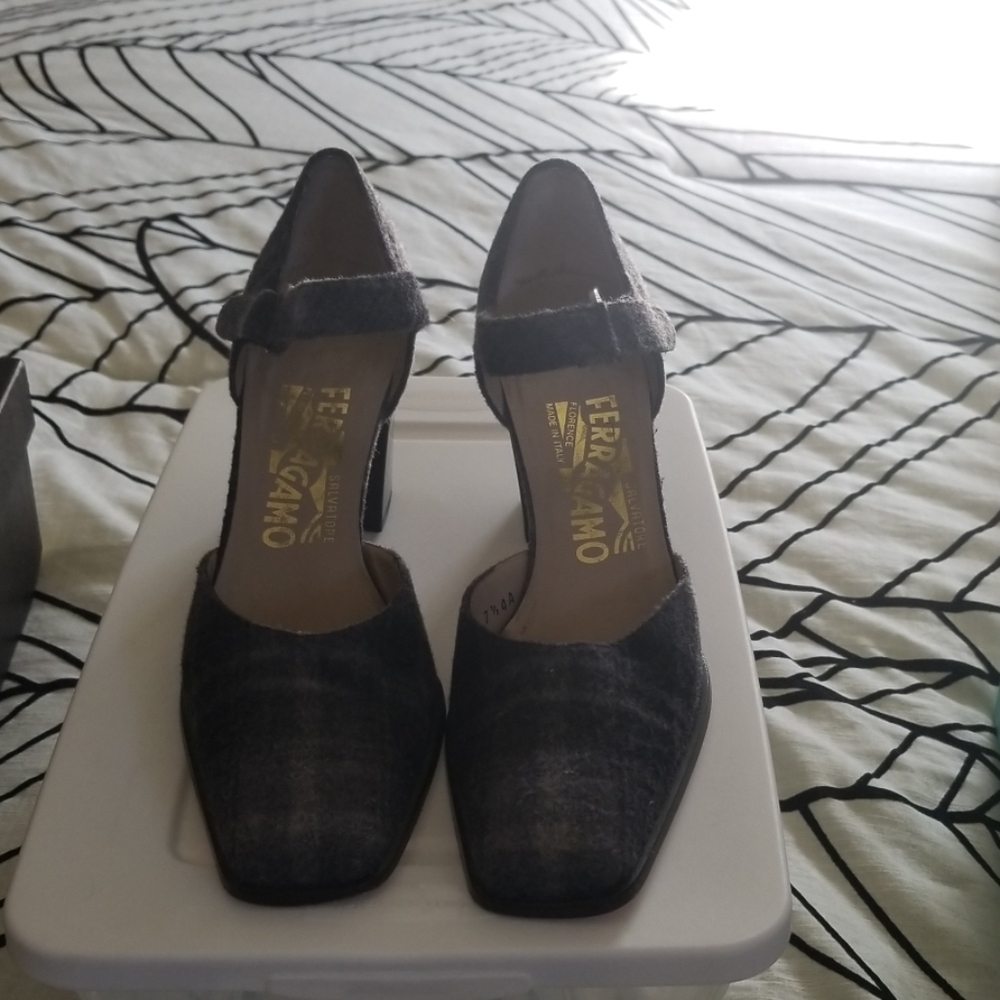 Ferragamo Flannel Ankle Block Heel Pumps